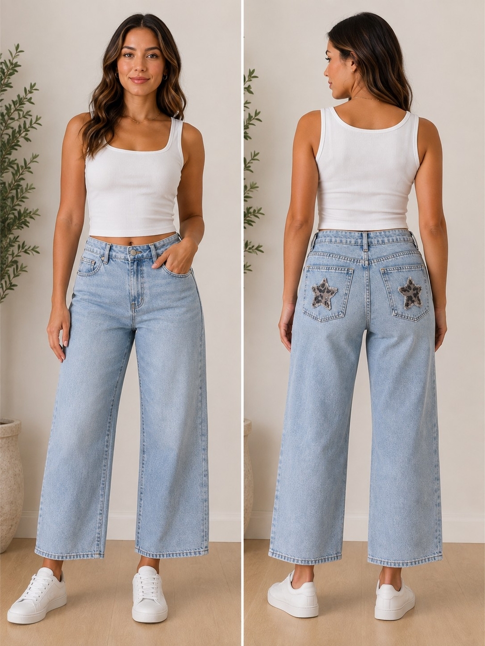 High-Rise Light Blue Wide Leg Jeans with Star Back Patches - Juniors 9